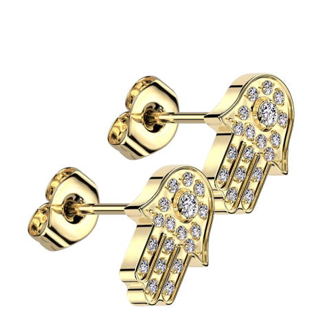 Clous doreilles sans tige plaqués or Hamsa plaqués or Cristaux argentés