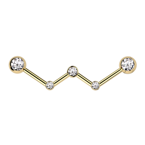Barbell gold-plated angled three crystals silver with two balls gold-plated crystal silver