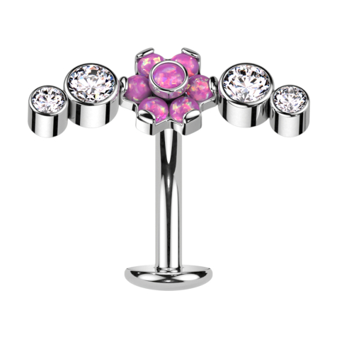 Tige labret sans filetage Banane argent Fleur opale rose sertie de quatre cristaux