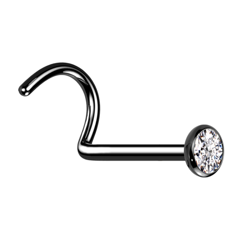Curved black nose stud with flat hemisphere crystal silver