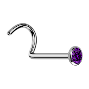 Curved silver nose stud with flat hemispherical violet...