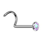 Curved silver nose stud with flat half-sphere crystal...