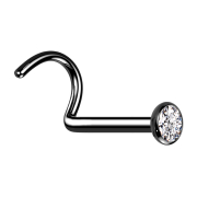Curved black nose stud with flat hemisphere crystal silver