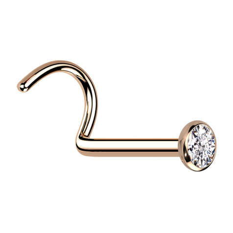 Clou doreille courbé en or rose avec demi-sphère plate en cristal argenté