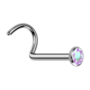 Curved silver nose stud with flat hemisphere crystal...