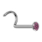 Curved silver nose stud with flat pink crystal hemisphere