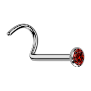 Curved silver nose stud with flat red crystal hemisphere