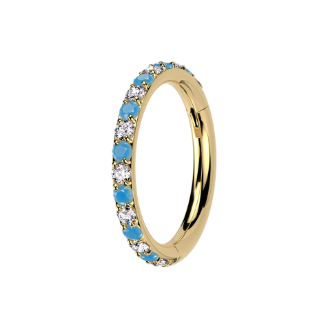 Foldable micro segment ring, gold-plated, crystals, silver with turquoise stones