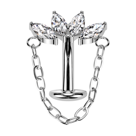 Threadless labret bar banana silver fan four crystals silver with pendant chain