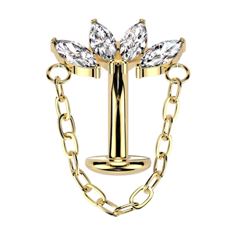 Threadless labret bar banana gold-plated fan four crystals silver with pendant chain