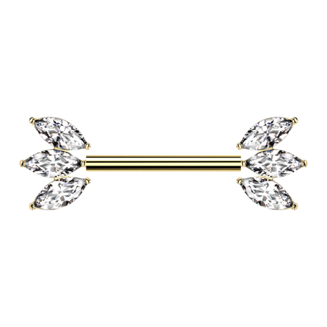 Threadless Barbell vergoldet mit zwei Fächer silber drei Kristalle silber