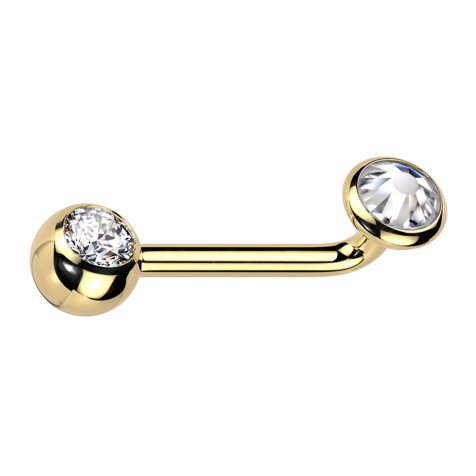 Barbell L curved, gold-plated female thread with gold-plated ball, crystal silver, and gold-plated disc, crystal silver