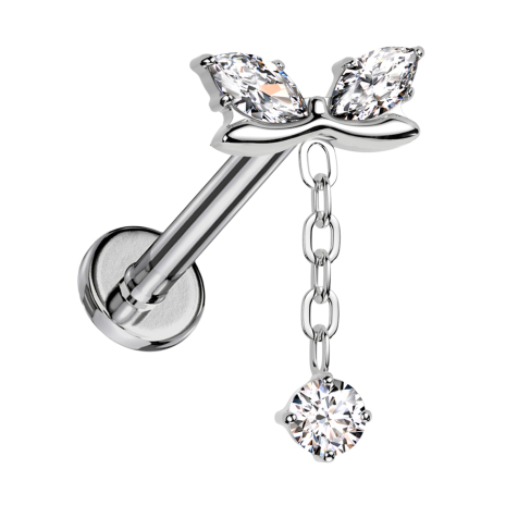 Micro Labret Innengewinde silber geschwungener Balken zwei Ovale Kristalle silber Anhänger Kette Kristall silber