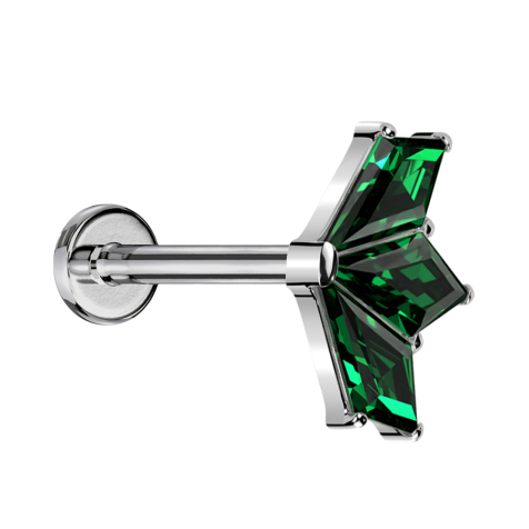 Micro Threadless Labret argento ventaglio argento tre cristalli diamante verde