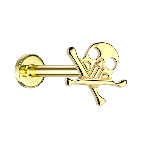 Micro Threadless Labret vergoldet Totenkopf mit gekreuzten Knochen vergoldet