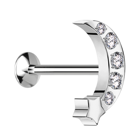 Micro Threadless UFO Labret argenté Lune avec étoile argenté Cristaux argentés