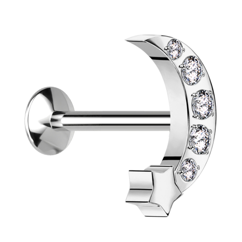 Micro Threadless UFO Labret silver moon with star silver crystals silver