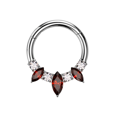 Anello micro segmentato pieghevole argento tre cristalli ovali rossi quattro cristalli rotondi argento