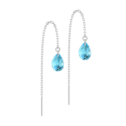 Stud earrings silver free-falling chain drop crystal aqua