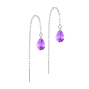 Stud earrings silver free-falling chain drop crystal violet