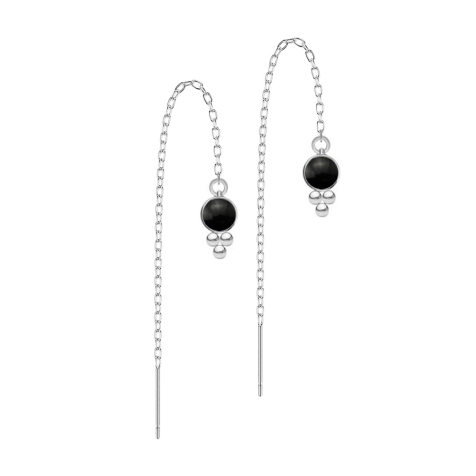 Stud earrings silver free-falling chain black onyx stone three spheres