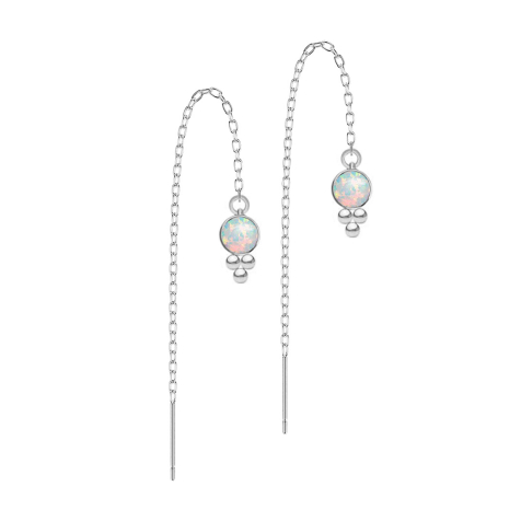 Stud earrings silver free-falling chain opal white three spheres