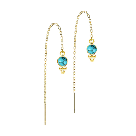 Stud earrings gold-plated free-falling chain turquoise stone three spheres