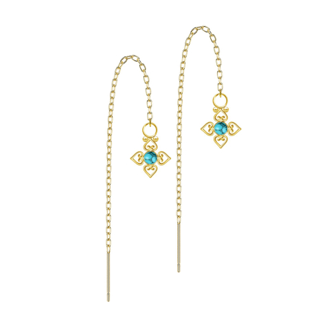 Gold-plated stud earrings free-falling chain turquoise stone four filigree hearts