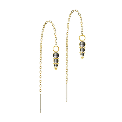 Ohrstecker vergoldet freifallende Kette drei Perle schwarz mit Kugeln