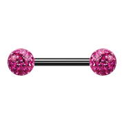 Barbell noir avec deux boules de cristal rose couche...