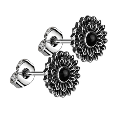 Stud earrings silver lotus flower onyx stone