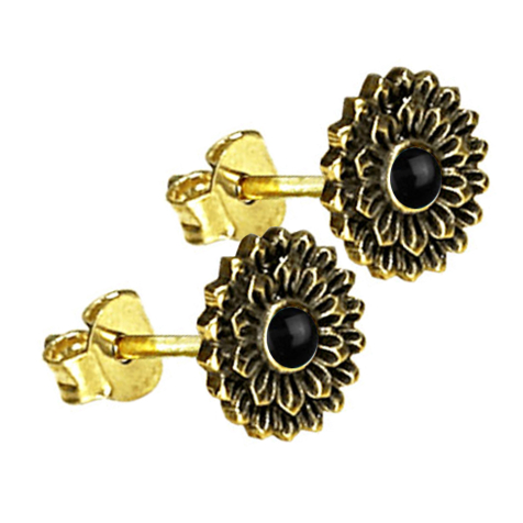 Boucles doreilles dorées Lotus Fleur Pierre Onyx