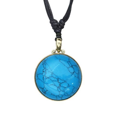 Halskette schwarz Anhänger Scheibe vergoldet mit grossem Türkis Stein