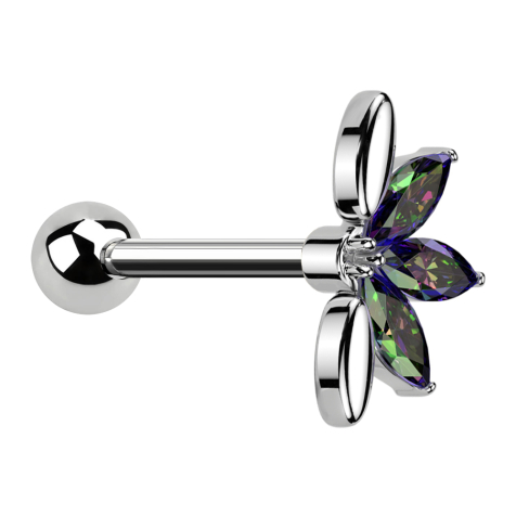 Micro barbell silver with ball and fan silver three oval crystals dark multicolor