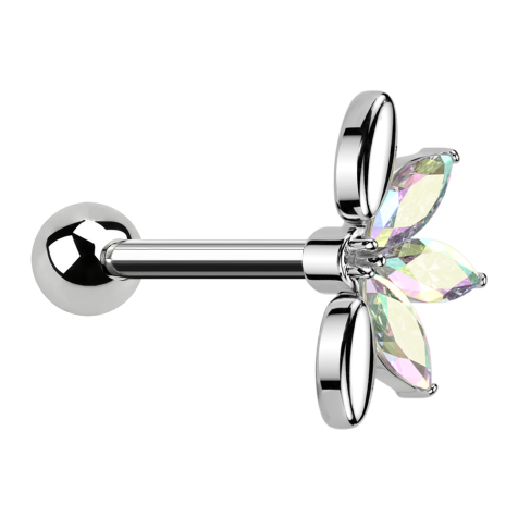 Micro Barbell silber mit Kugel und Fächer silber drei ovale Kristalle multicolor