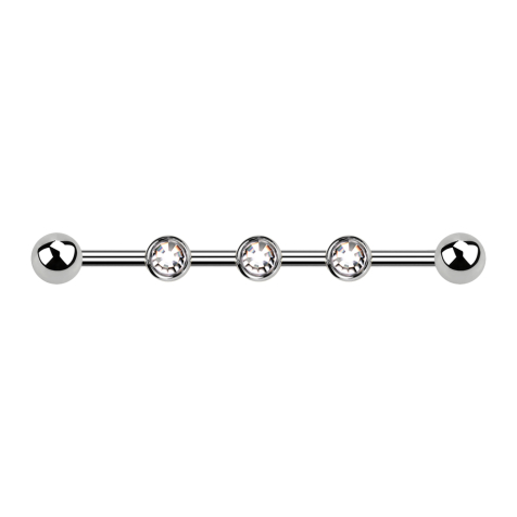 Barbell internal thread silver three 0.8 mm threaded holes with two balls and three crystals silver
