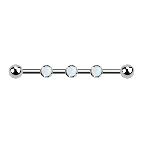 Barbell Innengewinde silber drei 0.8 mm Gewindelöcher mit zwei Kugeln und drei Opale weiss