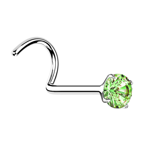 Borchia nasale curva in argento con cristallo rotondo incastonato in verde chiaro