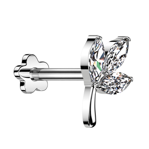 Micro labret sans filetage argent feuille argent trois ovales cristal argent