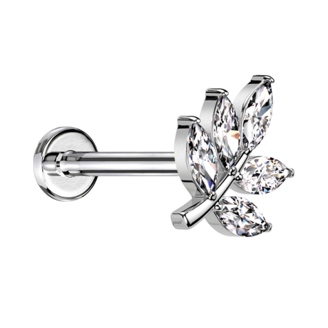 Micro threadless labret silver leaf silver five oval crystals silver