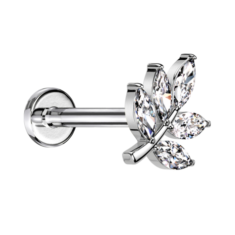 Micro Threadless Labret silber Blatt silber fünf Ovale Kristalle silber