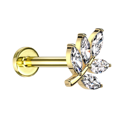 Micro Threadless Labret vergoldet Blatt vergoldet fünf Ovale Kristalle silber