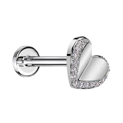 Micro threadless labret silver heart silver crystals silver