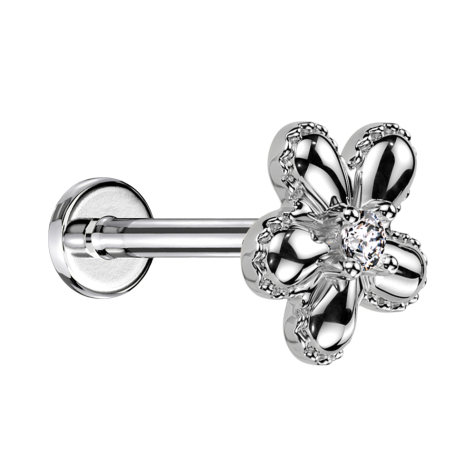 Micro Threadless Labret argenté fleur à pois argenté un cristal argenté