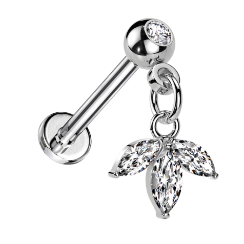 Micro Threadless Labret silver with ball with crystal silver pendant leaf three oval crystals silver