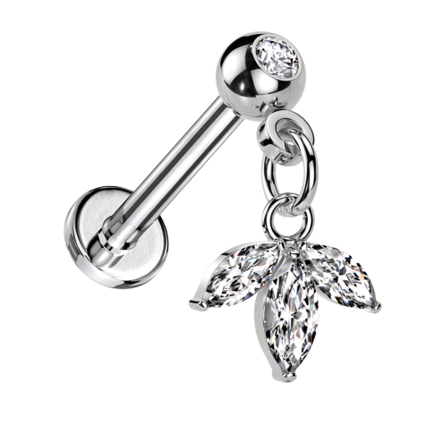 Micro Threadless Labret argenté avec boule avec cristal argenté pendentif feuille trois cristaux ovales argentés