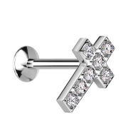 Micro Threadless UFO Labret silver cross silver crystals...