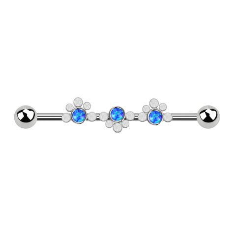 Barbell silver two balls dotted wave three opals blue