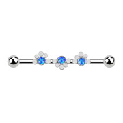 Barbell silver two balls dotted wave three opals blue