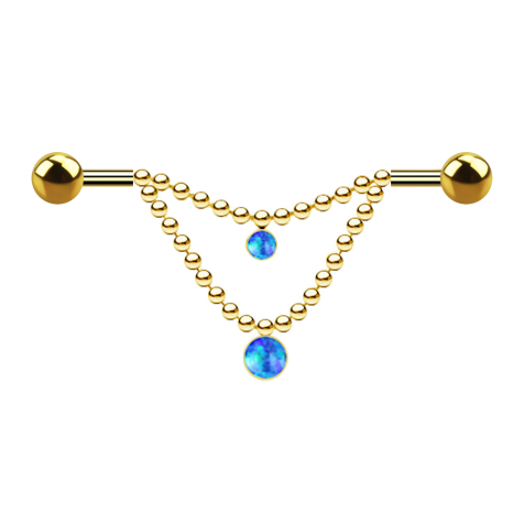 Barbell gold-plated two balls two chains opal blue